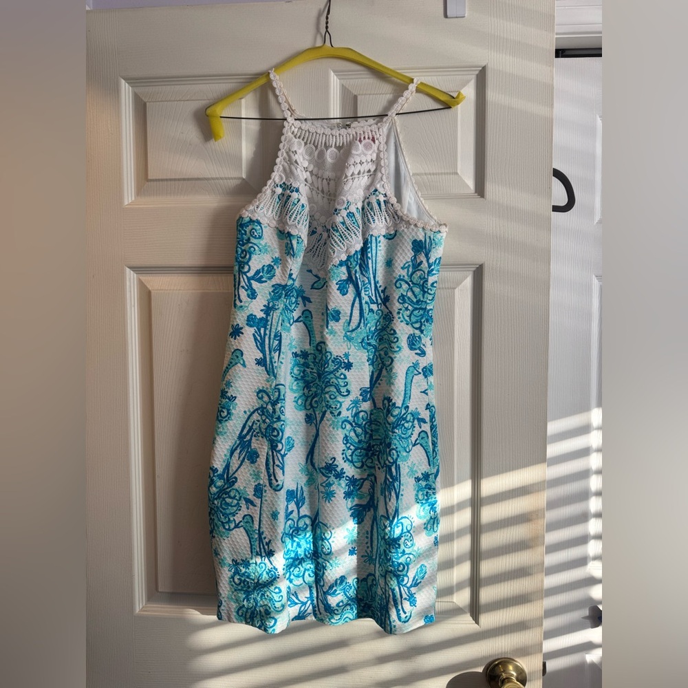 Lilly Pulitzer White and Teal Crochet Yoke Sundress
